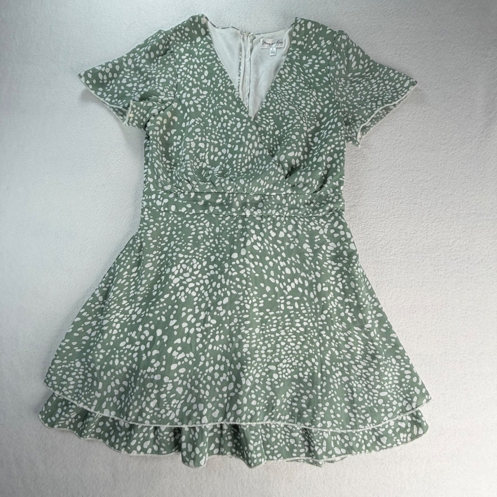 Honey and Rosie Sage Green Spotted Ruffle Mini Dress Size S Short Sleeve V-Neck